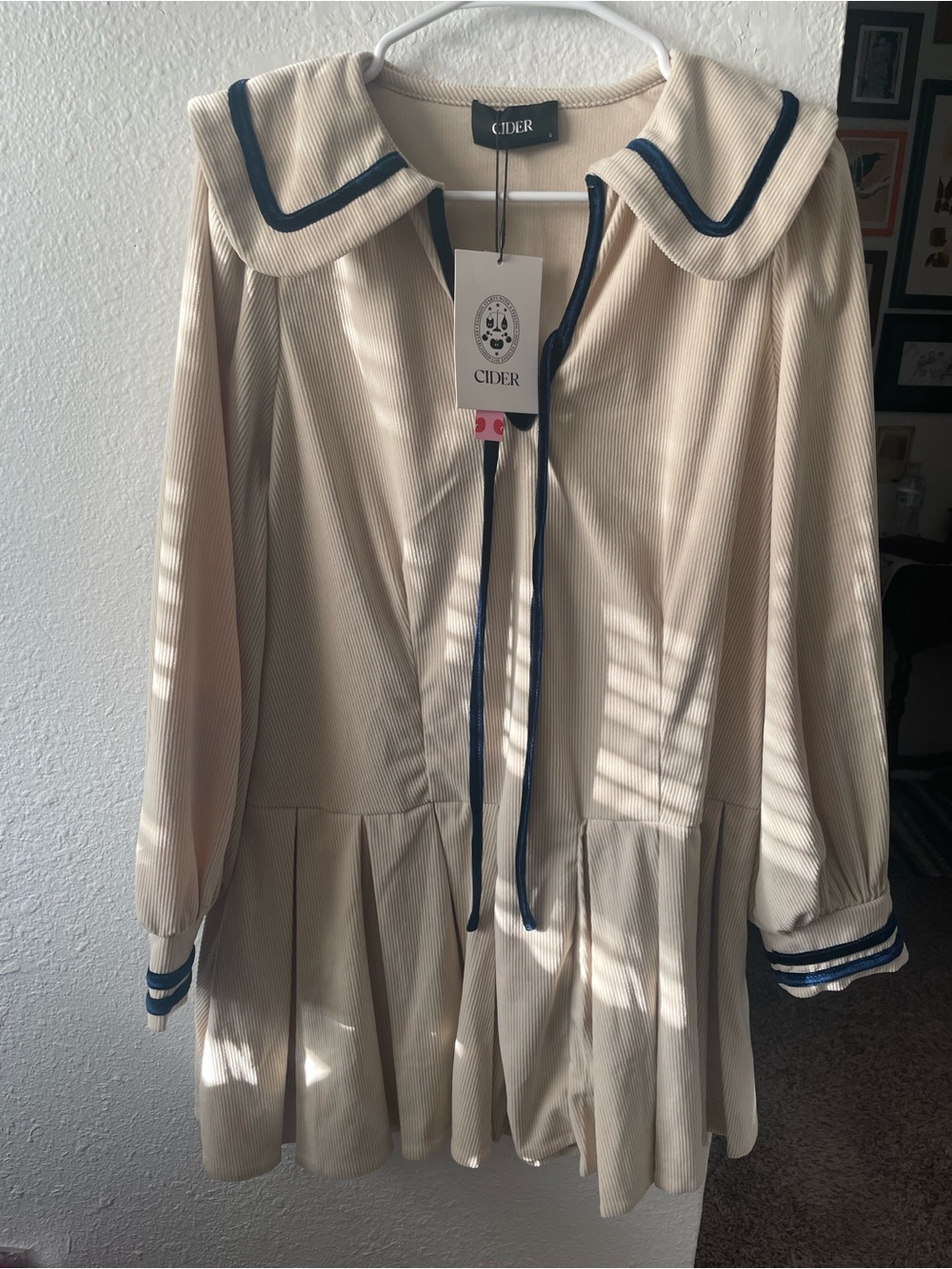 Cider Cream Sailor-Collar Pleated Dress with Navy Trim